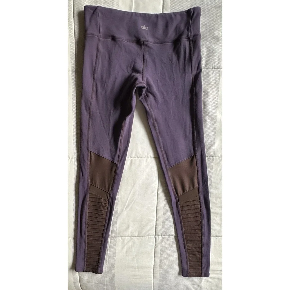 Alo‎ Yoga Moto Leggings Purple & Brown Mesh Ribbed Moto Detail Size Small